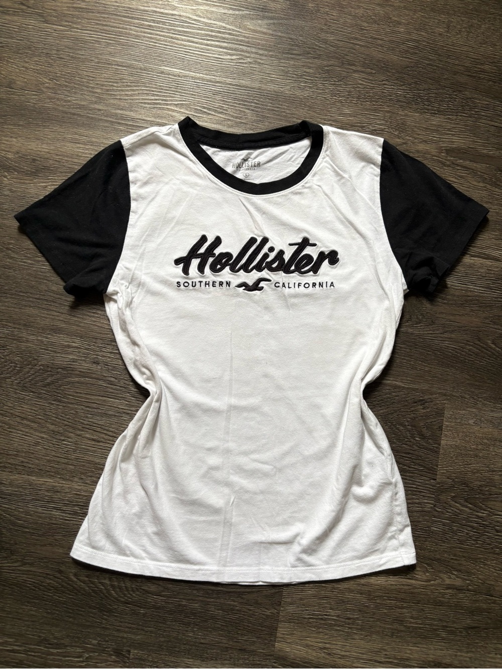Hollister White Tee with Black Ringer Sleeves and Logo